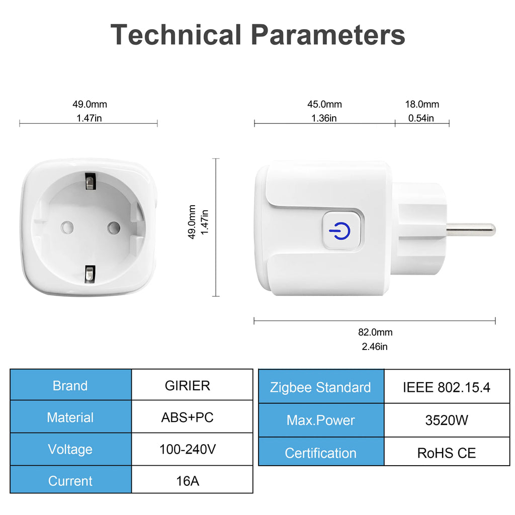 Prise Connectée GIRIER ZigBee 16A avec Suivi de Consommation | Compatible Alexa & Google Home